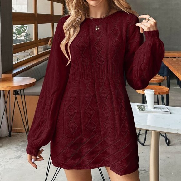 Dresses & Skirts - Drop Shoulder Pointelle Knit Sweater Dress